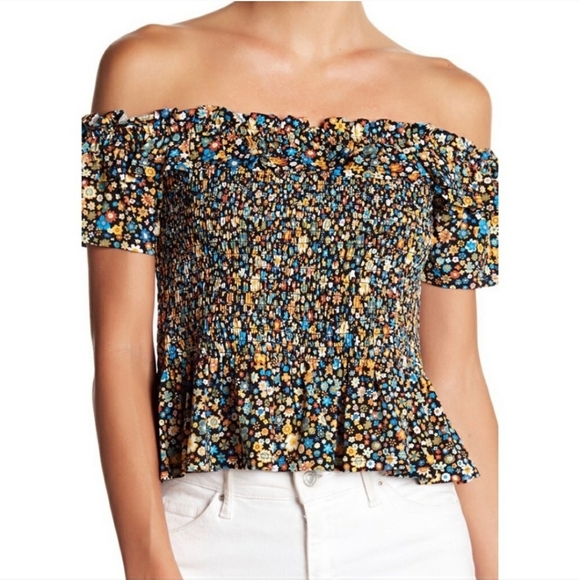 BCBG Floral 70s Off Shoulder Crop Top - Picture 2 of 6